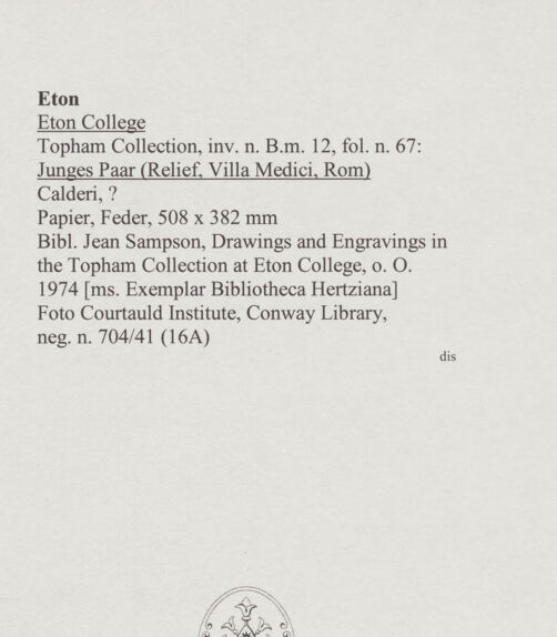 Rückseite von Courtauld Institute, Conway Library [https://www.deutsche-digitale-bibliothek.de/content/lizenzen/rv-ez/] Junges Paar (Relief, Villa Medici, Roma) - , bh567766_recto. Foto.