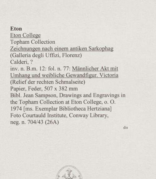 Rückseite von Courtauld Institute, Conway Library [https://www.deutsche-digitale-bibliothek.de/content/lizenzen/rv-ez/] Zeichnungen nach einem antiken Sarkophag (Uffizien, Florenz)Männlicher Akt mit Umhang und weibliche Gewandfigur. Victoria (Relief der rechten Schmalseite) - , bh567775_recto. Foto.