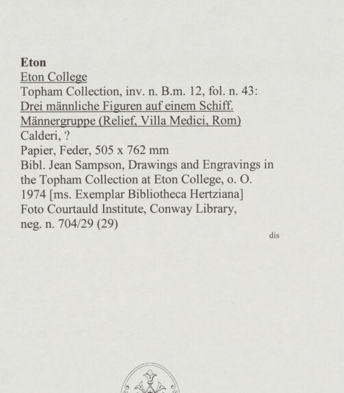 Rückseite von Courtauld Institute, Conway Library [https://www.deutsche-digitale-bibliothek.de/content/lizenzen/rv-ez/] Drei männliche Figuren auf einem Schiff. Männergruppe (Relief, Villa Medici, Roma) - , bh567801_recto. Foto.