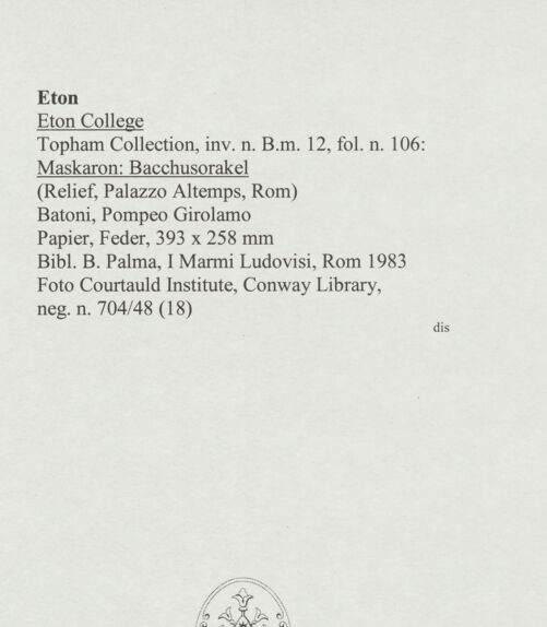 Rückseite von Courtauld Institute, Conway Library [https://www.deutsche-digitale-bibliothek.de/content/lizenzen/rv-ez/] Maskaron: Bacchusorakel (Relief, Palazzo Altemps, Rom) - , bh567922_recto. Foto.