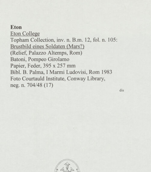 Rückseite von Courtauld Institute, Conway Library [https://www.deutsche-digitale-bibliothek.de/content/lizenzen/rv-ez/] Brustbild eines Soldaten (Mars?) (Relief, Palazzo Altemps, Rom) - , bh567923_recto. Foto.