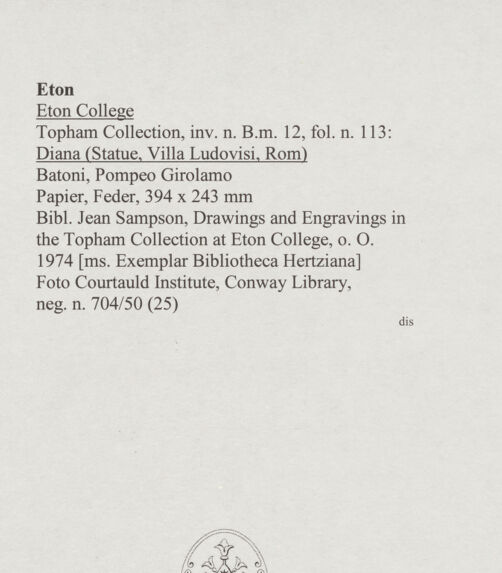 Rückseite von Courtauld Institute, Conway Library [https://www.deutsche-digitale-bibliothek.de/content/lizenzen/rv-ez/] Diana (Statue, Villa Ludovisi, Rom) - , bh567930_recto. Foto.