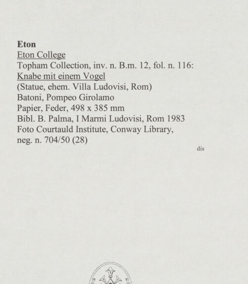 Rückseite von Courtauld Institute, Conway Library [https://www.deutsche-digitale-bibliothek.de/content/lizenzen/rv-ez/] Knabe mit einem Vogel (Statue, Villa Ludovisi, Rom) - , bh567933_recto. Foto.