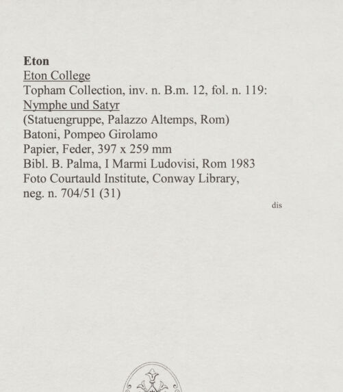 Rückseite von Courtauld Institute, Conway Library [https://www.deutsche-digitale-bibliothek.de/content/lizenzen/rv-ez/] Nymphe und Satyr (Statuengruppe, Palazzo Altemps, Rom) - , bh567936_recto. Foto.