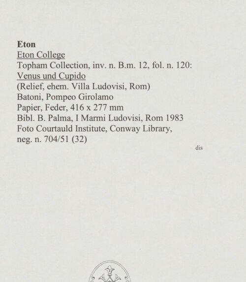 Rückseite von Courtauld Institute, Conway Library [https://www.deutsche-digitale-bibliothek.de/content/lizenzen/rv-ez/] Venus und Cupido (Relief, Villa Ludovisi, Rom) - , bh567937_recto. Foto.