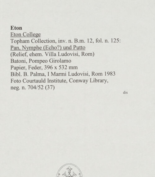 Rückseite von Courtauld Institute, Conway Library [https://www.deutsche-digitale-bibliothek.de/content/lizenzen/rv-ez/] Pan, Nymphe (Echo?) und Putto (Relief, Villa Ludovisi, Rom) - , bh567940_recto. Foto.