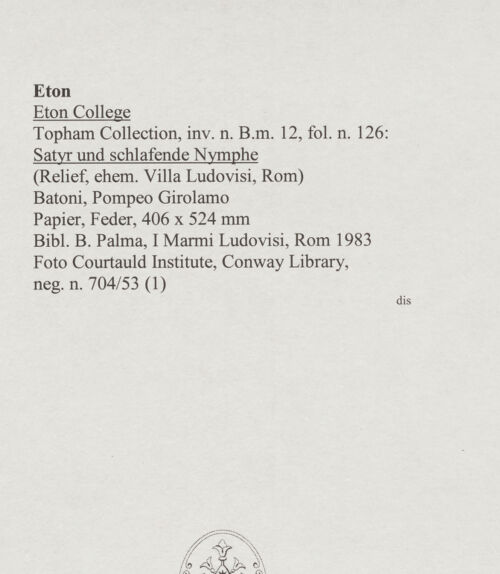 Rückseite von Courtauld Institute, Conway Library [https://www.deutsche-digitale-bibliothek.de/content/lizenzen/rv-ez/] Satyr und schlafende Nymphe (Relief, Villa Ludovisi, Rom) - , bh567941_recto. Foto.