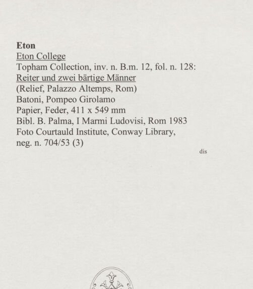 Rückseite von Courtauld Institute, Conway Library [https://www.deutsche-digitale-bibliothek.de/content/lizenzen/rv-ez/] Reiter und zwei bärtige Männer (Relief, Palazzo Altemps, Rom) - , bh567943_recto. Foto.