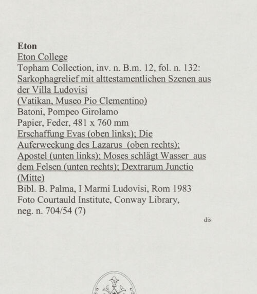 Rückseite von Courtauld Institute, Conway Library [https://www.deutsche-digitale-bibliothek.de/content/lizenzen/rv-ez/] Sarkophagrelief mit alttestamentlichen Szenen aus der Villa Ludovisi - Erschaffung Evas (oben links); Die Auferweckung des Lazarus (oben rechts); Apostel (unten links); Moses schlägt Wasser aus dem Felsen (unten rechts); Dextrarum Junctio (Mitte), bh567944_recto. Foto.