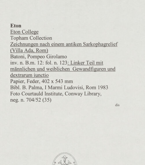 Rückseite von Courtauld Institute, Conway Library [https://www.deutsche-digitale-bibliothek.de/content/lizenzen/rv-ez/] Zeichnungen nach einem antiken Sarkophagrelief (Villa Ada, Rom)Linker Teil mit männlichen und weiblichen Gewandfiguren und dextrarum iunctio - , bh567950_recto. Foto.