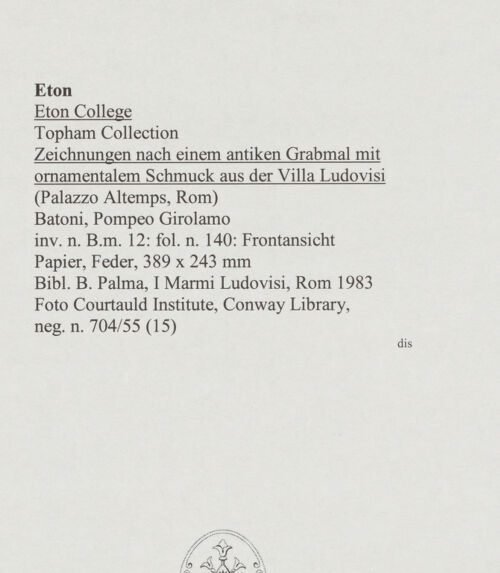 Rückseite von Courtauld Institute, Conway Library [https://www.deutsche-digitale-bibliothek.de/content/lizenzen/rv-ez/] Zeichnungen nach einem antiken Grabmal mit ornamentalem Schmuck (Villa Ludovisi, Rom)Frontansicht - , bh567962_recto. Foto.