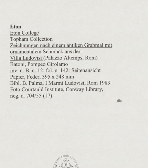Rückseite von Courtauld Institute, Conway Library [https://www.deutsche-digitale-bibliothek.de/content/lizenzen/rv-ez/] Zeichnungen nach einem antiken Grabmal mit ornamentalem Schmuck (Villa Ludovisi, Rom)Seitenansicht - , bh567963_recto. Foto.