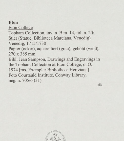 Rückseite von Courtauld Institute, Conway Library [https://www.deutsche-digitale-bibliothek.de/content/lizenzen/rv-ez/] Stier (Statue, Biblioteca Marciana, Venedig) - , bh567965_recto. Foto.