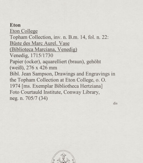 Rückseite von Courtauld Institute, Conway Library [https://www.deutsche-digitale-bibliothek.de/content/lizenzen/rv-ez/] Büste des Marc Aurel. Vase (Biblioteca Marciana, Venedig) - , bh567967_recto. Foto.