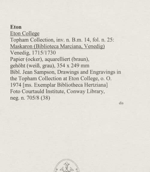 Rückseite von Courtauld Institute, Conway Library [https://www.deutsche-digitale-bibliothek.de/content/lizenzen/rv-ez/] Maskaron (Biblioteca Marciana, Venedig) - , bh567968_recto. Foto.