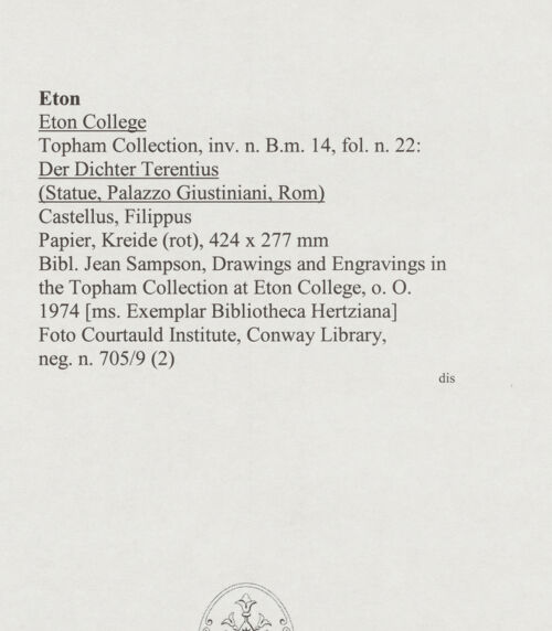 Rückseite von Courtauld Institute, Conway Library [https://www.deutsche-digitale-bibliothek.de/content/lizenzen/rv-ez/] Der Dichter Terentius (Statue, Palazzo Giustiniani, Rom) - , bh567973_recto. Foto.