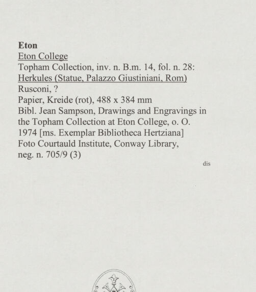 Rückseite von Courtauld Institute, Conway Library [https://www.deutsche-digitale-bibliothek.de/content/lizenzen/rv-ez/] Herkules (Statue, Palazzo Giustiniani, Rom) - , bh567974_recto. Foto.