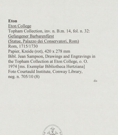 Rückseite von Courtauld Institute, Conway Library [https://www.deutsche-digitale-bibliothek.de/content/lizenzen/rv-ez/] Gefangener Barbarenfürst (Statue, Palazzo dei Conservatori, Rom) - , bh567978_recto. Foto.