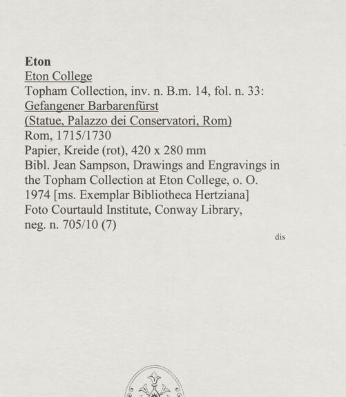 Rückseite von Courtauld Institute, Conway Library [https://www.deutsche-digitale-bibliothek.de/content/lizenzen/rv-ez/] Gefangener Barbarenfürst (Statue, Palazzo dei Conservatori, Rom) - , bh567979_recto. Foto.