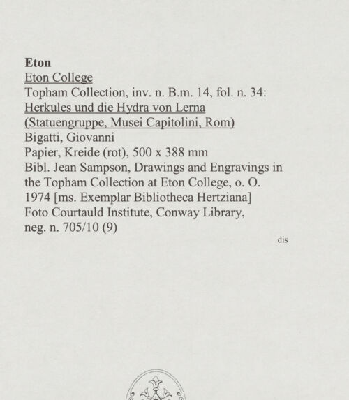 Rückseite von Courtauld Institute, Conway Library [https://www.deutsche-digitale-bibliothek.de/content/lizenzen/rv-ez/] Herkules und die Hydra von Lerna (Statuengruppe, Musei Capitolini, Rom) - , bh567980_recto. Foto.