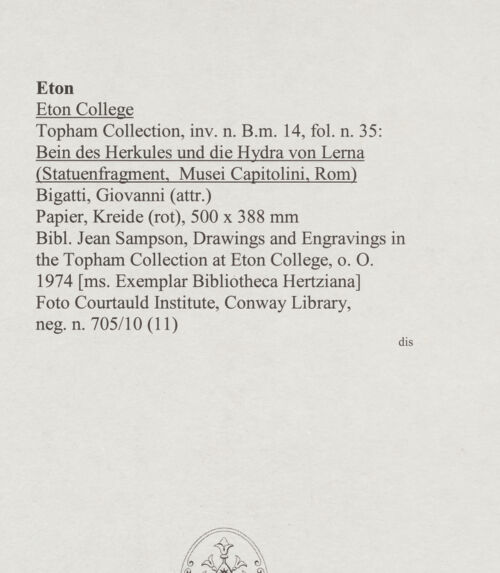 Rückseite von Courtauld Institute, Conway Library [https://www.deutsche-digitale-bibliothek.de/content/lizenzen/rv-ez/] Bein des Herkules und die Hydra von Lerna (Statuenfragment, Museo Capitolino, Rom) - , bh567981_recto. Foto.