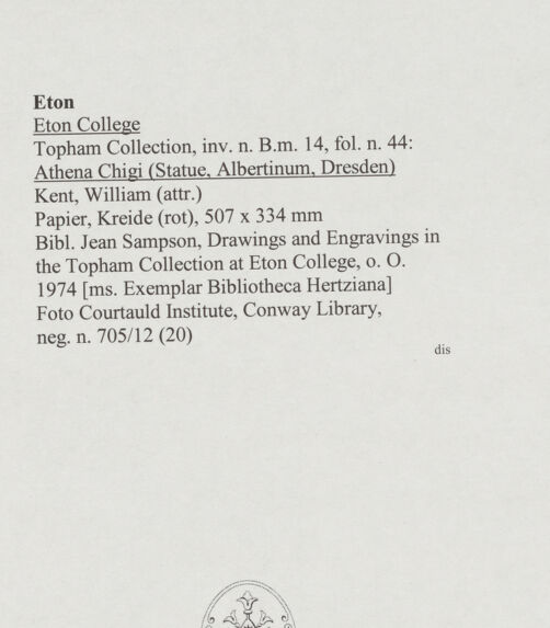 Rückseite von Courtauld Institute, Conway Library [https://www.deutsche-digitale-bibliothek.de/content/lizenzen/rv-ez/] Athena Chigi (Statue, Albertinum, Dresden) - , bh567989_recto. Foto.