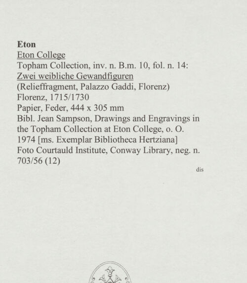 Rückseite von Courtauld Institute, Conway Library [https://www.deutsche-digitale-bibliothek.de/content/lizenzen/rv-ez/] Zwei weibliche Gewandfiguren (Relieffragment, Palazzo Gaddi, Florenz) - , bh568020_recto. Foto.