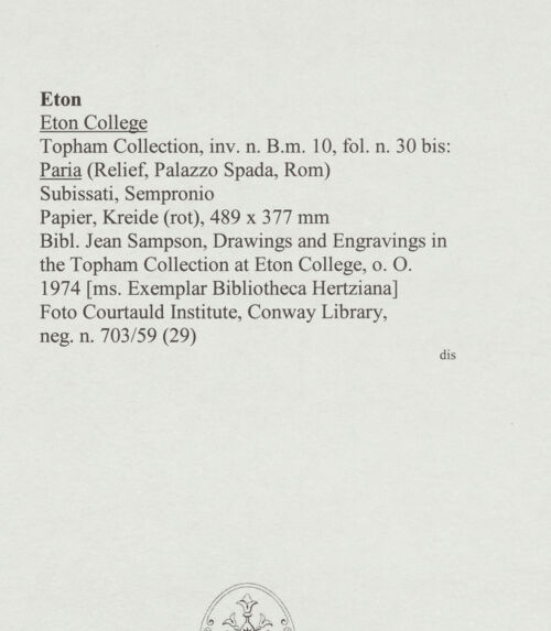 Rückseite von Courtauld Institute, Conway Library [https://www.deutsche-digitale-bibliothek.de/content/lizenzen/rv-ez/] Paria (Relief, Palazzo Spada, Rom) - , bh568035_recto. Foto.