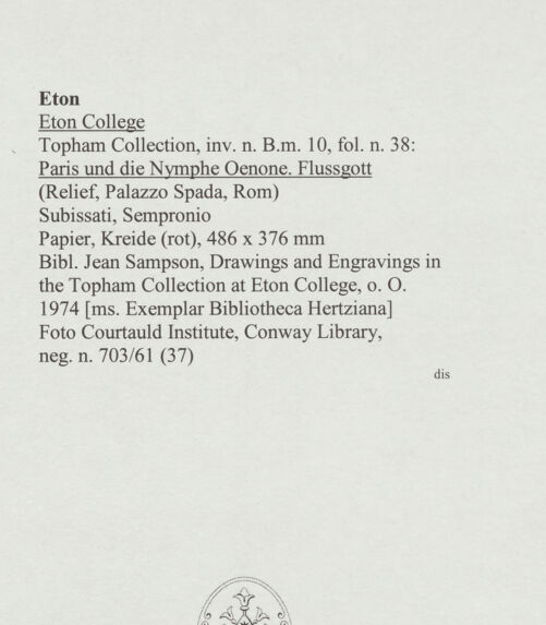 Rückseite von Courtauld Institute, Conway Library [https://www.deutsche-digitale-bibliothek.de/content/lizenzen/rv-ez/] Paris und die Nymphe Oenone. Flussgott (Relief, Palazzo Spada, Rom) - , bh568036_recto. Foto.