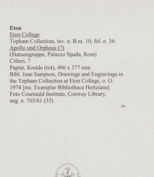 Rückseite von Courtauld Institute, Conway Library [https://www.deutsche-digitale-bibliothek.de/content/lizenzen/rv-ez/] Apollo und Orpheus (?) (Statuengruppe, Palazzo Spada, Rom) - , bh568045_recto. Foto.