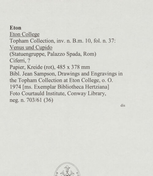 Rückseite von Courtauld Institute, Conway Library [https://www.deutsche-digitale-bibliothek.de/content/lizenzen/rv-ez/] Venus und Cupido (Statuengruppe, Palazzo Spada, Rom) - , bh568046_recto. Foto.