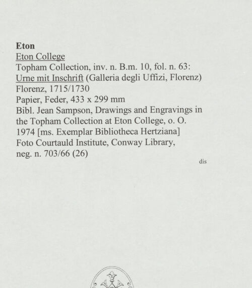 Rückseite von Courtauld Institute, Conway Library [https://www.deutsche-digitale-bibliothek.de/content/lizenzen/rv-ez/] Urne mit Inschrift (Galleria degli Uffizi, Florenz) - , bh568068_recto. Foto.