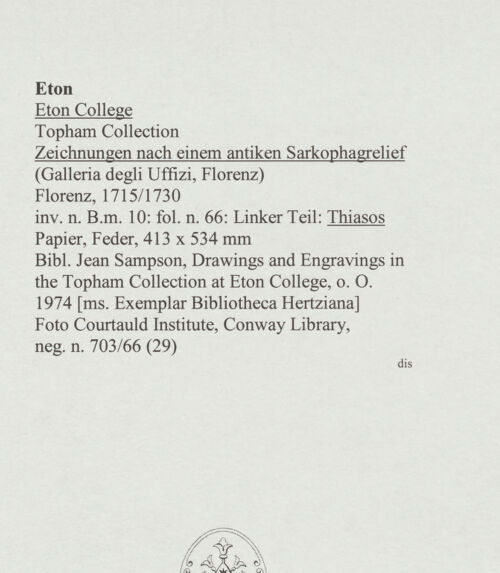 Rückseite von Courtauld Institute, Conway Library [https://www.deutsche-digitale-bibliothek.de/content/lizenzen/rv-ez/] Zeichnungen nach einem antiken Sarkophagrelief (Galleria degli Uffizi, Florenz)Thiasos (linker Teil des Reliefs) - , bh568071_recto. Foto.