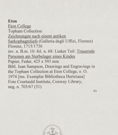 Rückseite von Courtauld Institute, Conway Library [https://www.deutsche-digitale-bibliothek.de/content/lizenzen/rv-ez/] Zeichnungen nach einem antiken Sarkophagreliefs (Galleria degli Uffizi, Florenz)Trauernde Personen am Sterbelager eines Kindes (linker Teil des Reliefs) - , bh568073_recto. Foto.