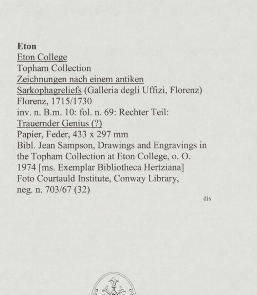 Rückseite von Courtauld Institute, Conway Library [https://www.deutsche-digitale-bibliothek.de/content/lizenzen/rv-ez/] Zeichnungen nach einem antiken Sarkophagreliefs (Galleria degli Uffizi, Florenz)Trauernder Genius (rechter Teil des Reliefs) - , bh568074_recto. Foto.
