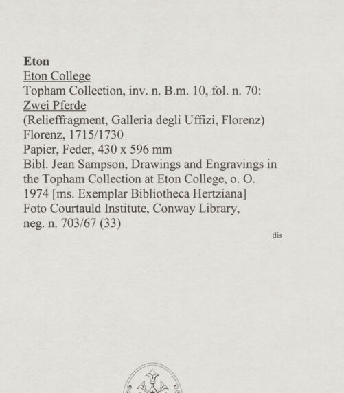 Rückseite von Courtauld Institute, Conway Library [https://www.deutsche-digitale-bibliothek.de/content/lizenzen/rv-ez/] Zwei Pferde (Relieffragment, Galleria degli Uffizi, Florenz) - , bh568075_recto. Foto.