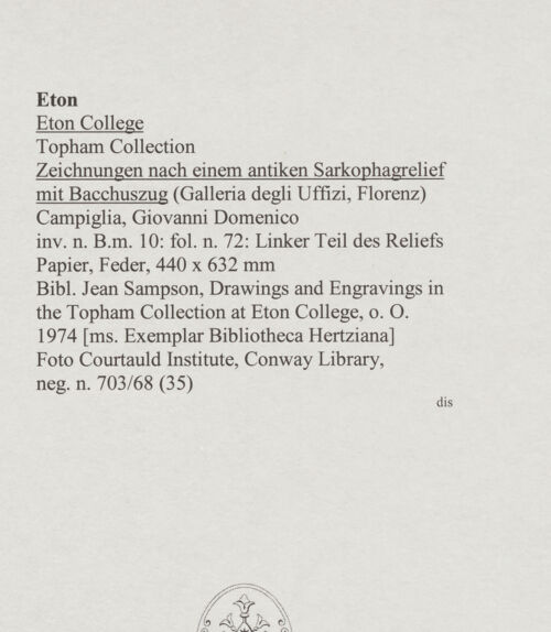 Rückseite von Courtauld Institute, Conway Library [https://www.deutsche-digitale-bibliothek.de/content/lizenzen/rv-ez/] Zeichnungen nach einem antiken Sarkophagrelief mit Bacchuszug (Galleria degli Uffizi, Florenz)Linker Teil des Reliefs - , bh568077_recto. Foto.