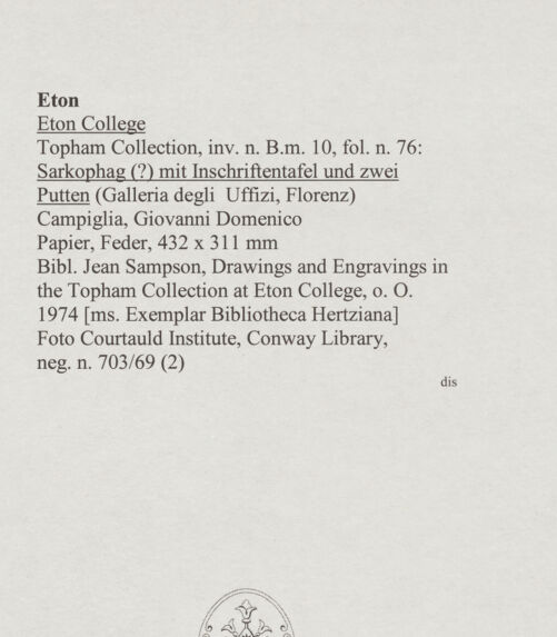 Rückseite von Courtauld Institute, Conway Library [https://www.deutsche-digitale-bibliothek.de/content/lizenzen/rv-ez/] Sarkophag mit Inschriftentafel und zwei Putten (Galleria degli Uffizi, Florenz) - , bh568079_recto. Foto.