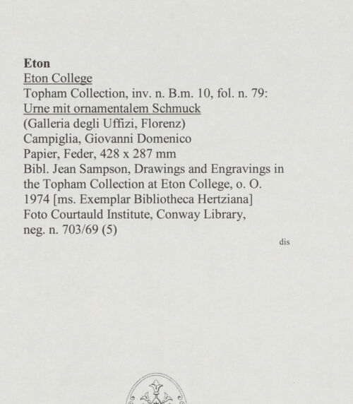 Rückseite von Courtauld Institute, Conway Library [https://www.deutsche-digitale-bibliothek.de/content/lizenzen/rv-ez/] Urne mit ornamentalem Schmuck (Galleria degli Uffizi, Florenz) - , bh568082_recto. Foto.