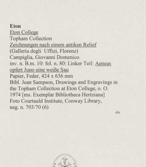 Rückseite von Courtauld Institute, Conway Library [https://www.deutsche-digitale-bibliothek.de/content/lizenzen/rv-ez/] Zeichnungen nach einem antiken Relief (Galleria degli Uffizi, Florenz)Aeneas opfert Juno eine weiße Sau (linker Teil des Reliefs) - , bh568083_recto. Foto.