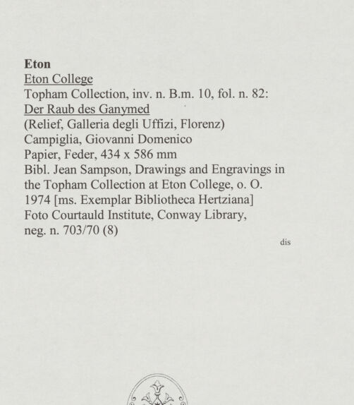 Rückseite von Courtauld Institute, Conway Library [https://www.deutsche-digitale-bibliothek.de/content/lizenzen/rv-ez/] Der Raub des Ganymed (Relief, Galleria degli Uffizi, Florenz) - , bh568085_recto. Foto.