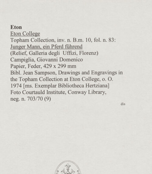 Rückseite von Courtauld Institute, Conway Library [https://www.deutsche-digitale-bibliothek.de/content/lizenzen/rv-ez/] Jugendlicher, ein Pferd führend (Relief, Galleria degli Uffizi, Florenz) - , bh568086_recto. Foto.