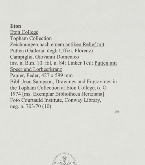 Rückseite von Courtauld Institute, Conway Library [https://www.deutsche-digitale-bibliothek.de/content/lizenzen/rv-ez/] Zeichnungen nach einem antiken Relief mit Putten (Galleria degli Uffizi, Florenz)Putten mit Speer und Lorbeerkranz (linker Teil des Reliefs) - , bh568087_recto. Foto.