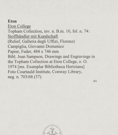 Rückseite von Courtauld Institute, Conway Library [https://www.deutsche-digitale-bibliothek.de/content/lizenzen/rv-ez/] Stoffhändler mit Kundschaft (Relief, Galleria degli Uffizi, Florenz) - , bh568089_recto. Foto.