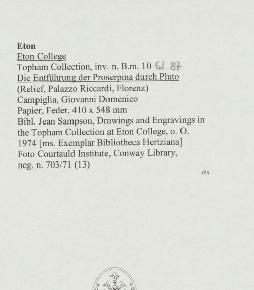 Rückseite von Courtauld Institute, Conway Library [https://www.deutsche-digitale-bibliothek.de/content/lizenzen/rv-ez/] Die Entführung der Proserpinadurch Pluto (Relief, Palazzo Riccardi, Florenz) - , bh568092_recto. Foto.