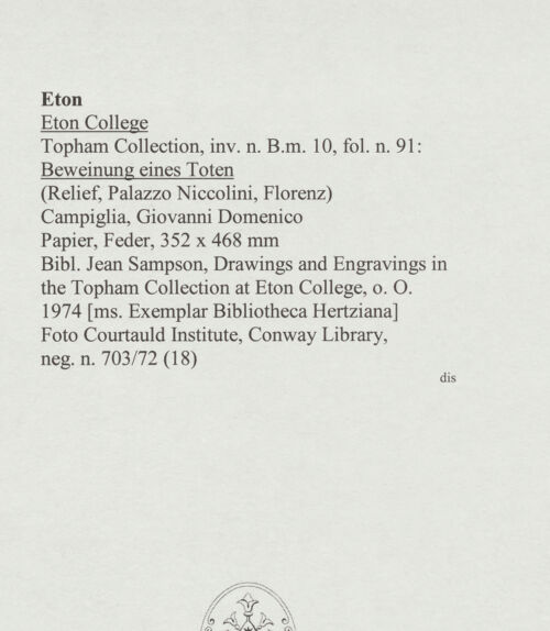 Rückseite von Courtauld Institute, Conway Library [https://www.deutsche-digitale-bibliothek.de/content/lizenzen/rv-ez/] Beweinung eines Toten (Relief, Palazzo Niccolini, Florenz) - , bh568096_recto. Foto.