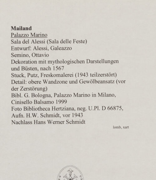 Rückseite von Bibliotheca Hertziana [https://www.deutsche-digitale-bibliothek.de/content/lizenzen/rv-fz/] Dekoration mit mythologischen Darstellungen und Büsten - Detail: obere Wandzone und Gewölbeansatz (vor der Zerstörung), bh568343_recto. Foto: Schmidt, Hans Werner.