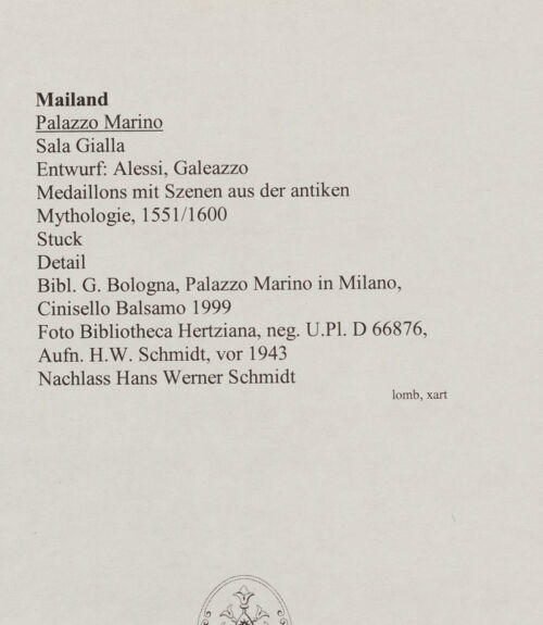 Rückseite von Bibliotheca Hertziana [https://www.deutsche-digitale-bibliothek.de/content/lizenzen/rv-fz/] Dekoration mit Medaillons mit Szenen aus der antiken Mythologie - Detail, bh568345_recto. Foto: Schmidt, Hans Werner.