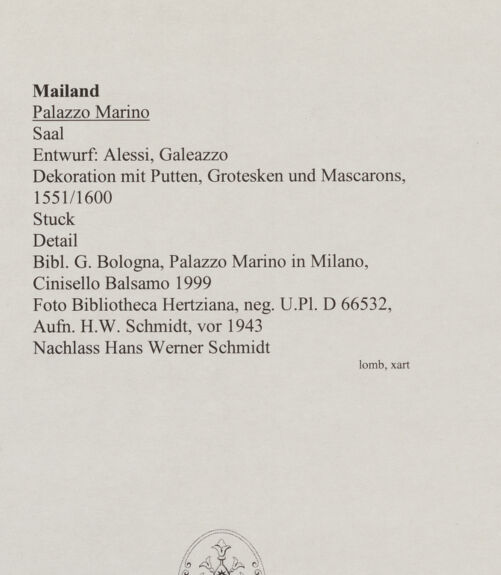 Rückseite von Bibliotheca Hertziana [https://www.deutsche-digitale-bibliothek.de/content/lizenzen/rv-fz/] Dekoration mit Putten, Grotesken und Mascarons - Detail, bh568347_recto. Foto: Schmidt, Hans Werner.