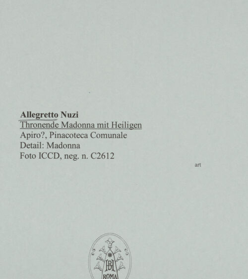 Rückseite von ICCD [https://www.deutsche-digitale-bibliothek.de/content/lizenzen/rv-ez/] Thronende Madonna mit Heiligen - Detail: Madonna, bh568619_recto. Foto.